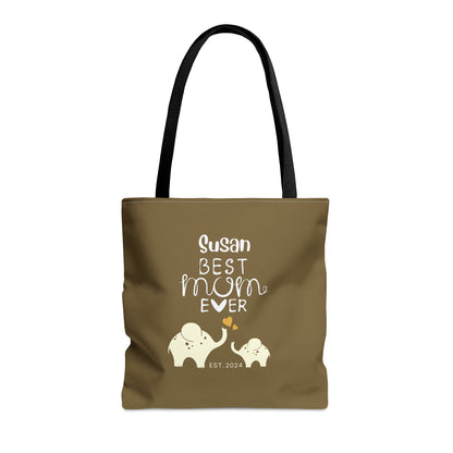 Personalized Best Mom Ever Tote Bag Gift for Mom, Baby Elephants Khaki Tote Medium   - HolidayShoppingFinds