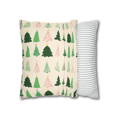 Christmas Trees Square Pillow Case, Creamy Ivory Winter Throw    - HolidayShoppingFinds