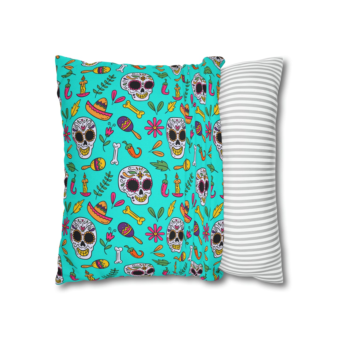 Sugar Skull Pillowcase, Day of the Dead Pillow Cover, Dia de Los Muertos Pillow, Halloween Pillow, Turquoise Decorative Square Pillow    - HolidayShoppingFinds