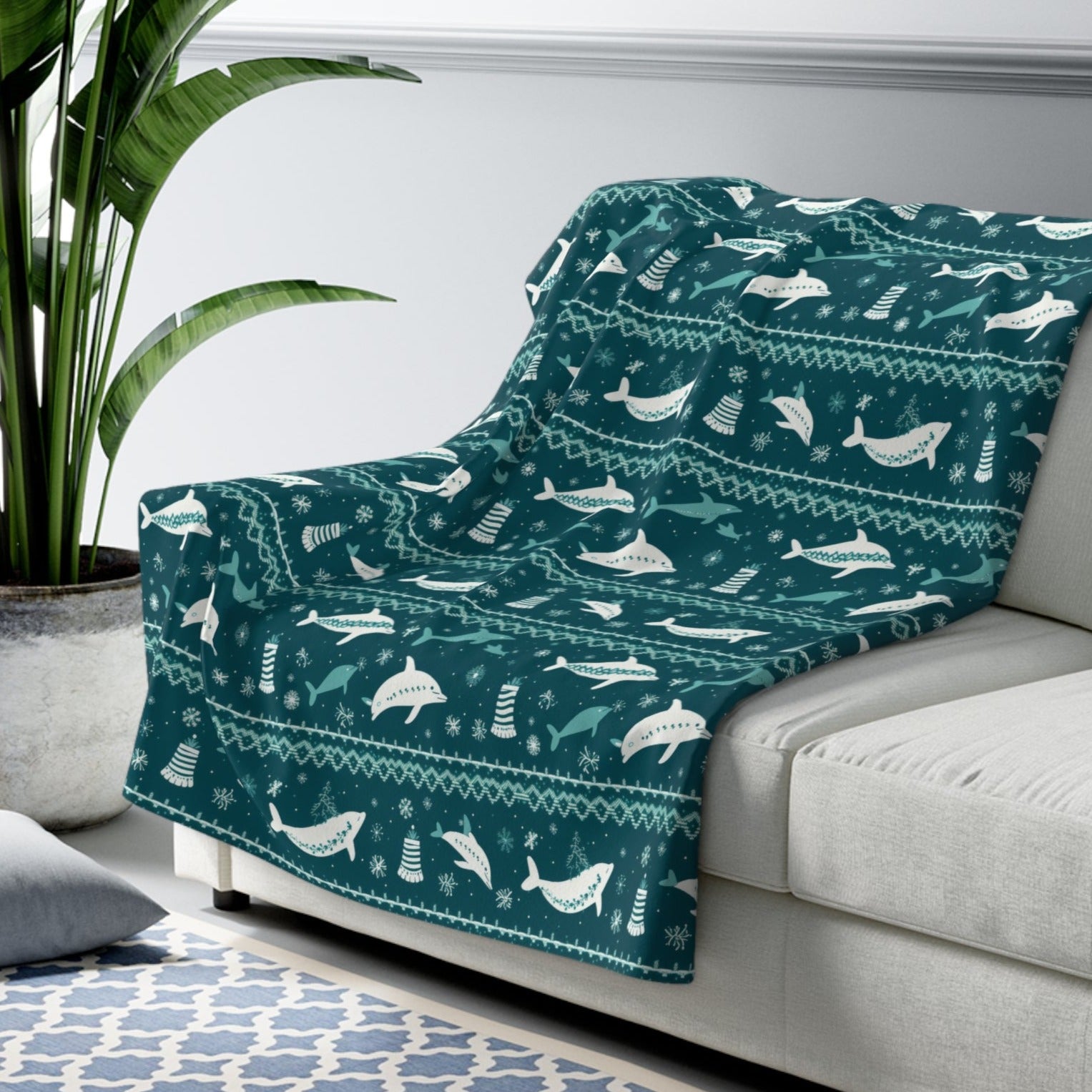 Dolphins Sherpa Blanket, Dolphin Throw Blanket, Ocean Nautical Coastal Holiday Blanket, Cozy Throw Blanket, Holiday Gift 50" × 60"   - HolidayShoppingFinds