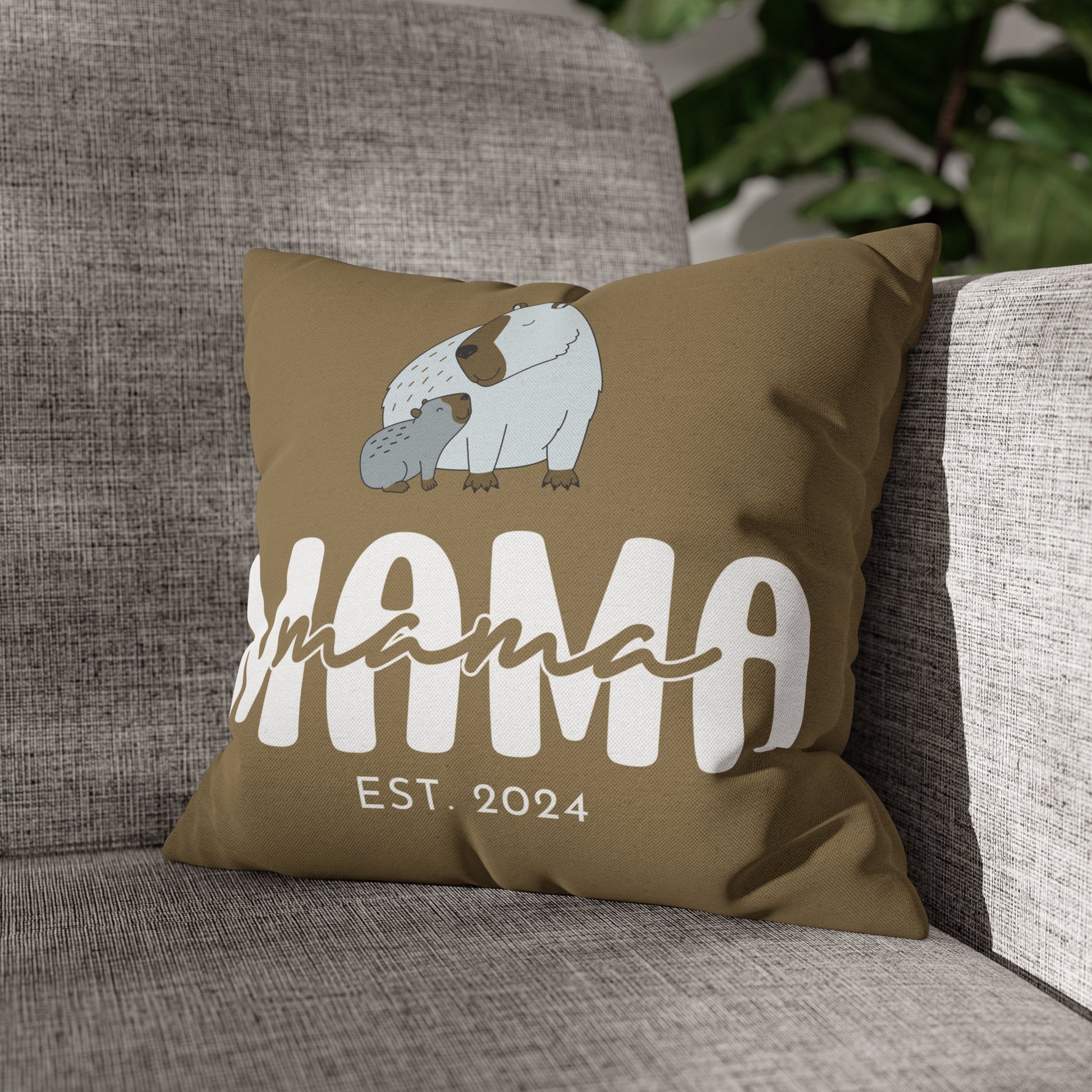 Personalized Mama Capybara Pillowcase Khaki, Gift For Mom 14" × 14"   - HolidayShoppingFinds