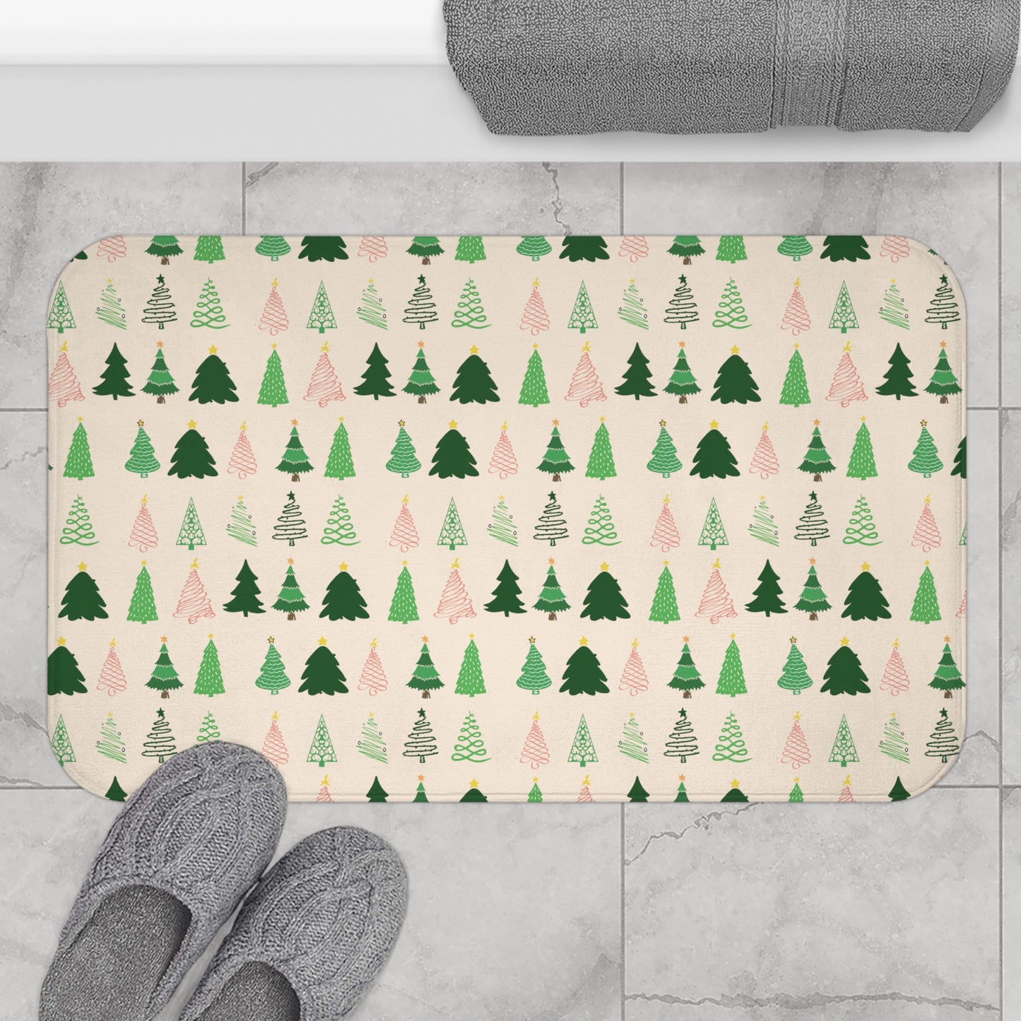 Christmas Trees Bath Mat, Ivory Holiday Bath Mat, Winter Bath Rug 34" × 21"   - HolidayShoppingFinds