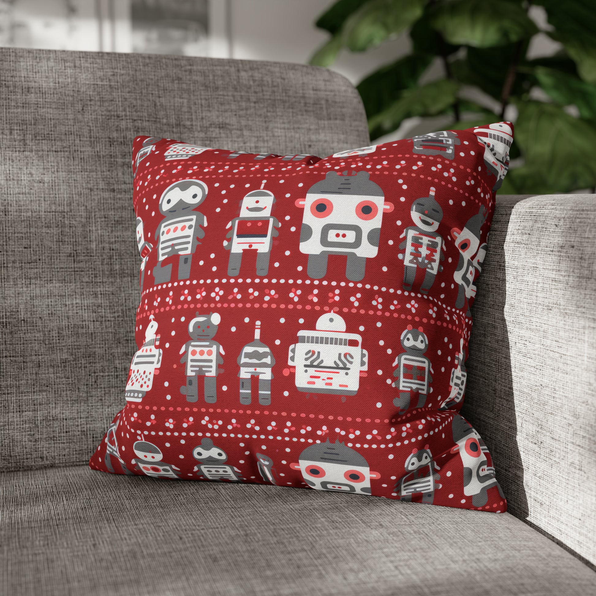 Holiday Robots Red Pillowcase, Gamers Pillow Case Cover, Tech Lovers Cushion Throw, Holiday Gift 16" × 16"   - HolidayShoppingFinds