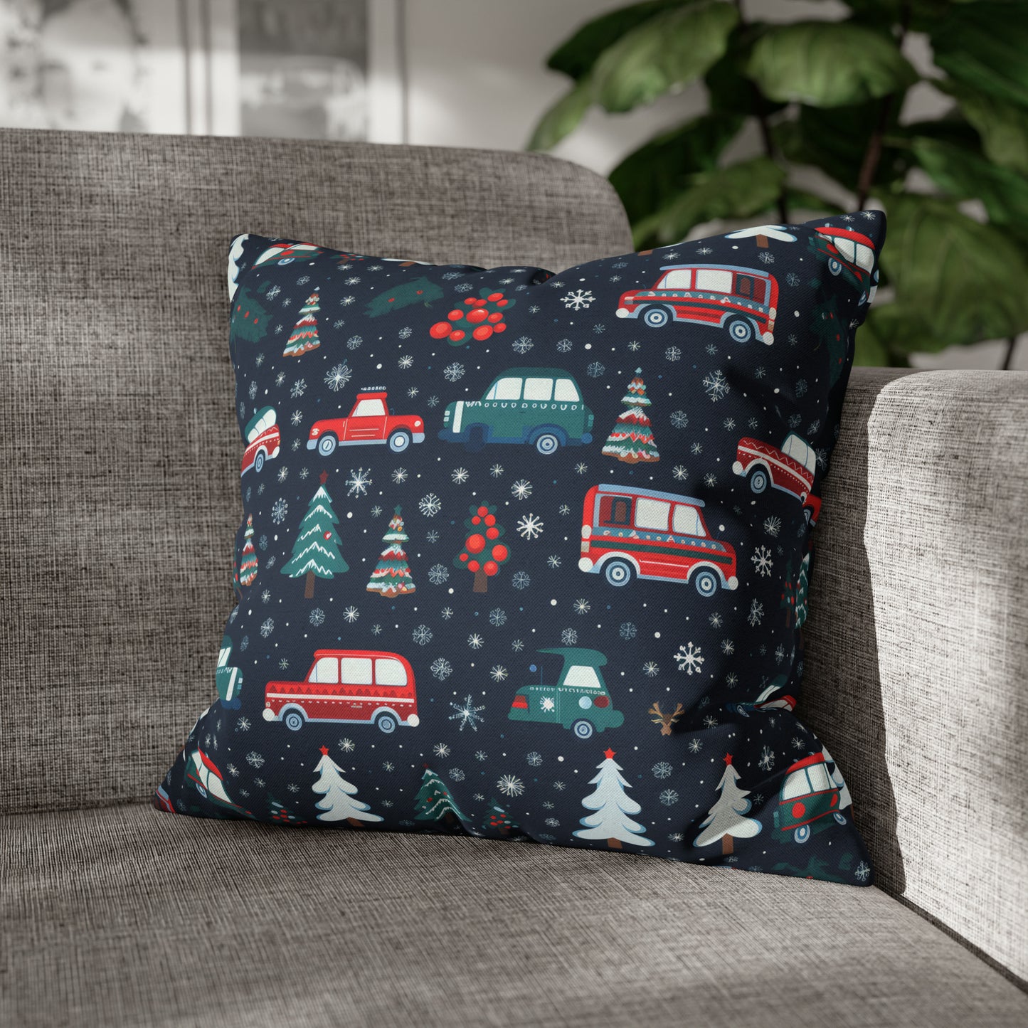 Vanlife Pillow, Camping Holiday Spirit Pillow Case, Cars, Vans & Christmas Trees Décor Blue Pillow Cover, Holiday Gift 18" × 18"   - HolidayShoppingFinds