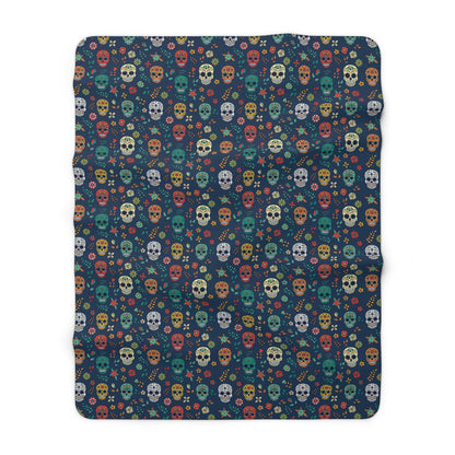 Sugar Skull Sherpa Blanket, Day of the Dead Halloween Blanket, Blue Throw Blanket, Cozy Sofa Blanket    - HolidayShoppingFinds