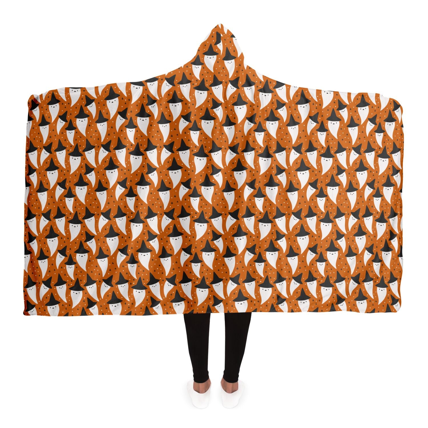 Halloween Spooky Ghosts Pattern Orange Hooded Blanket    - HolidayShoppingFinds