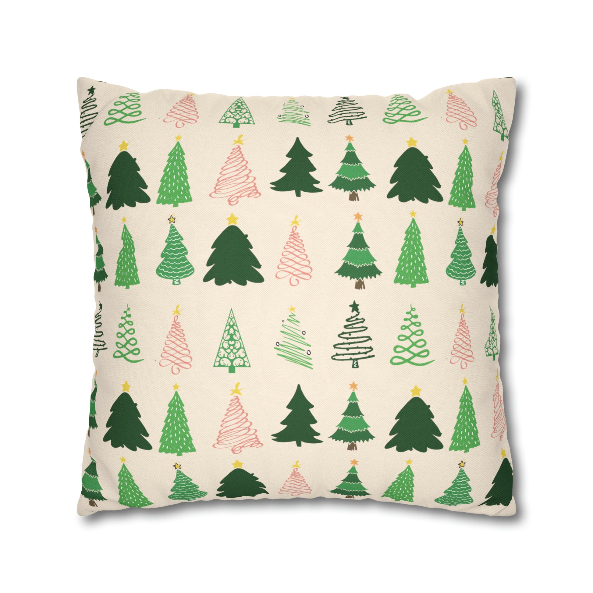 Christmas Trees Square Pillow Case, Creamy Ivory Winter Throw    - HolidayShoppingFinds