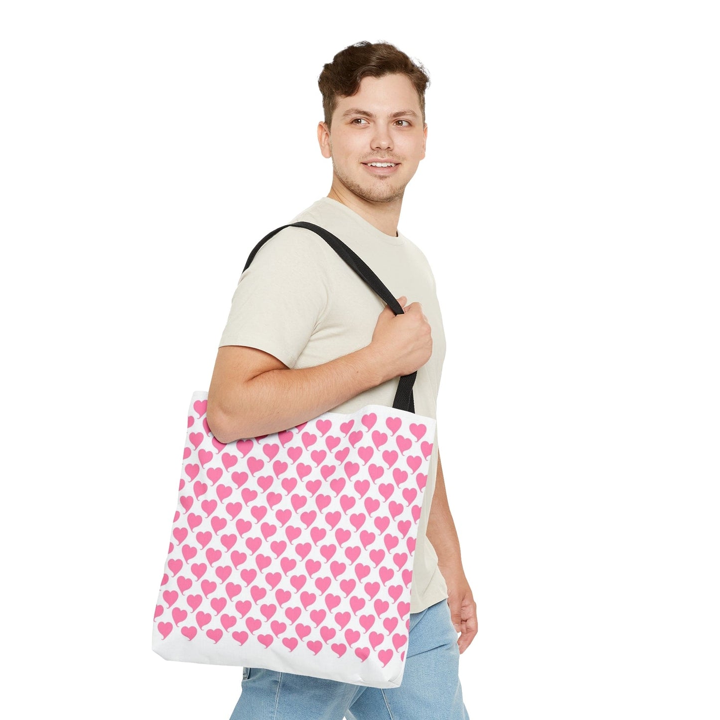 Lovely in Pink Hearts Pattern White Tote with Black Handles Bag - Valentine's Gift    - HolidayShoppingFinds