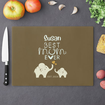 Personalized Best Mom Ever Glass Cutting Board, Gift for Mom, Elephants Cutting Board Khaki    - HolidayShoppingFinds