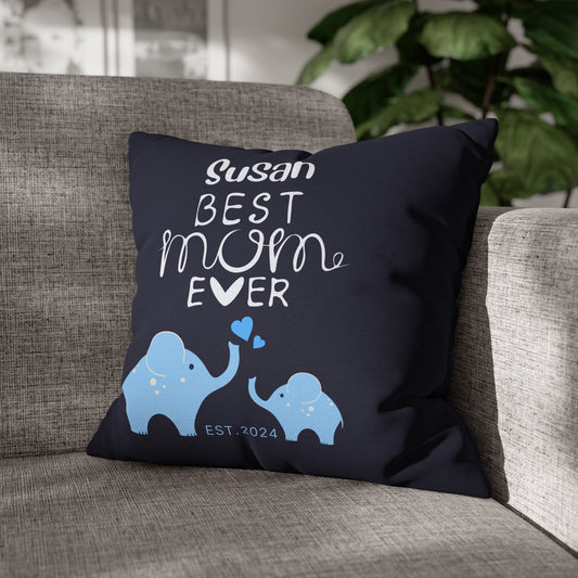 Personalized Best Mom Ever Gift Pillowcase, Gift for Mom, Elephants Blue Pillow Cover 18" × 18"   - HolidayShoppingFinds