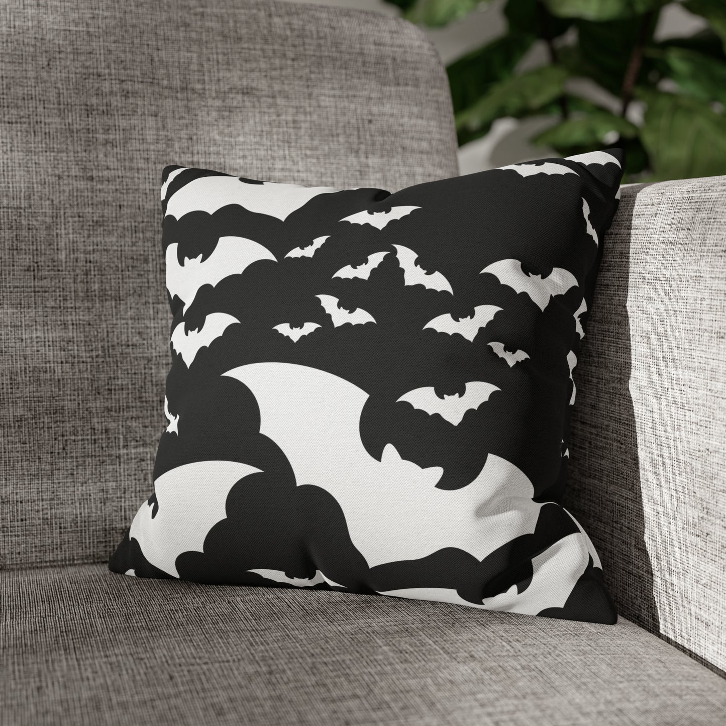 Spooky Bats Pillowcase, Halloween Black Pillow Cover, B&W Goth Pillow, Square 2-Sided Decorative Pillow 14" × 14"   - HolidayShoppingFinds