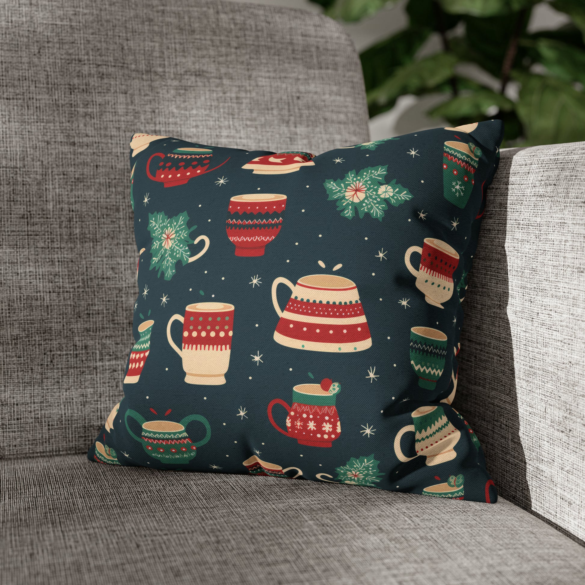 Hot Chocolate Pillowcase, Winter Accent Blue Pillow, Christmast Decoration, Christmas Gift 14" × 14"   - HolidayShoppingFinds