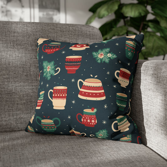 Hot Chocolate Pillowcase, Winter Accent Blue Pillow, Christmast Decoration, Christmas Gift 18" × 18"   - HolidayShoppingFinds