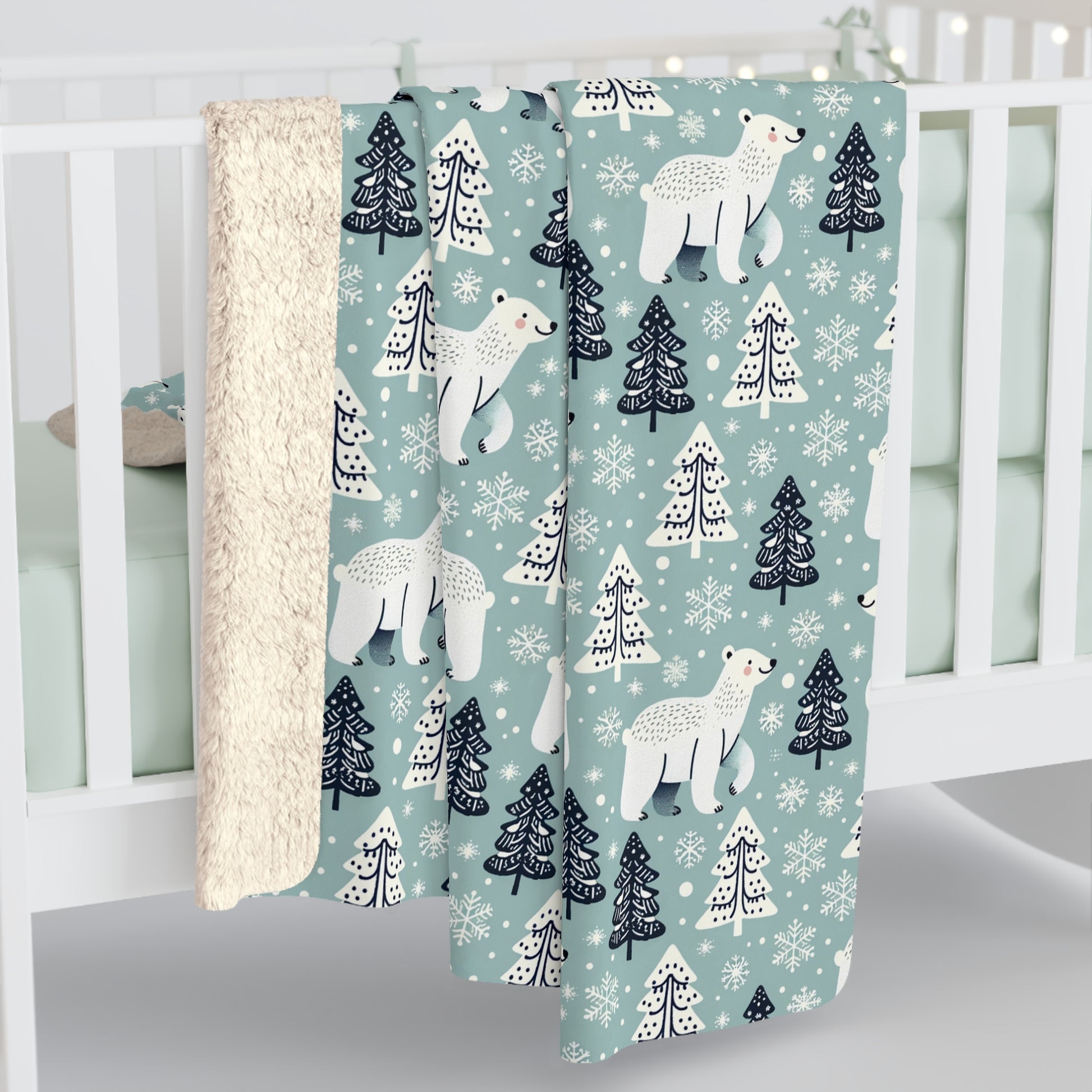 Polar Bears Winter Sherpa Fleece Blanket, Teal Bear Blanket, Christmas Blanket    - HolidayShoppingFinds