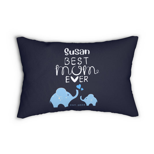 Personalized Best Mom Ever Lumbar Pillow Blue, Gift for Mom, Mom Baby Elephants 20" × 14"   - HolidayShoppingFinds