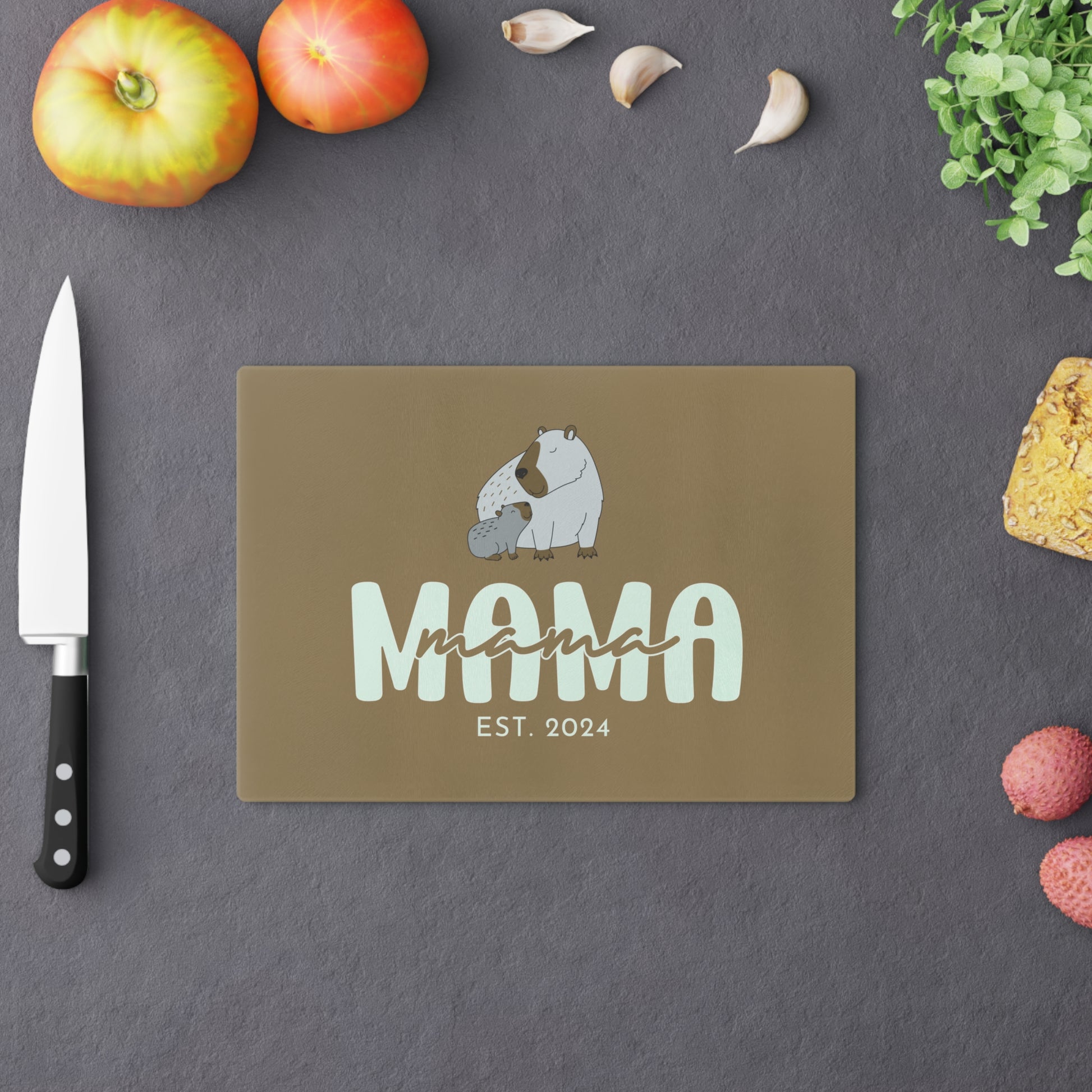 Personalized Mama Capybara Glass Cutting Board Khaki, Gift For Moms    - HolidayShoppingFinds