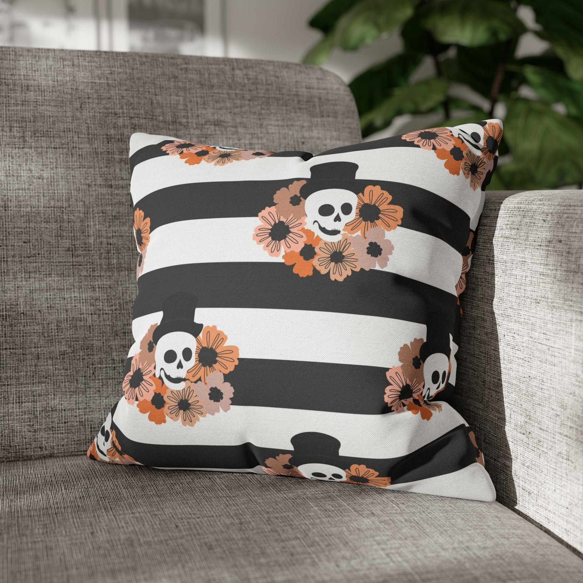 Halloween Phantom Pillowcase, Dia de los Muertos Skull Accent Pillow, 2-Sided Square B&W Decorative Pillow    - HolidayShoppingFinds