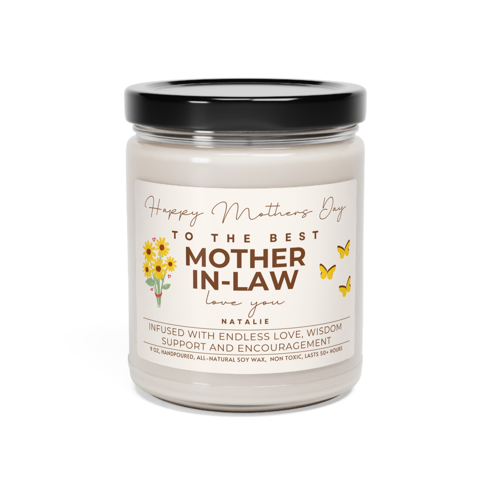 Personalized Candle for Mother-In-Law, Happy Mother's Day Gift (H) Gift for Moms, 100% Vegan Soy Wax Scented Candle, Eco-Friendly Coconut Cream + Cardamom 9oz  - HolidayShoppingFinds