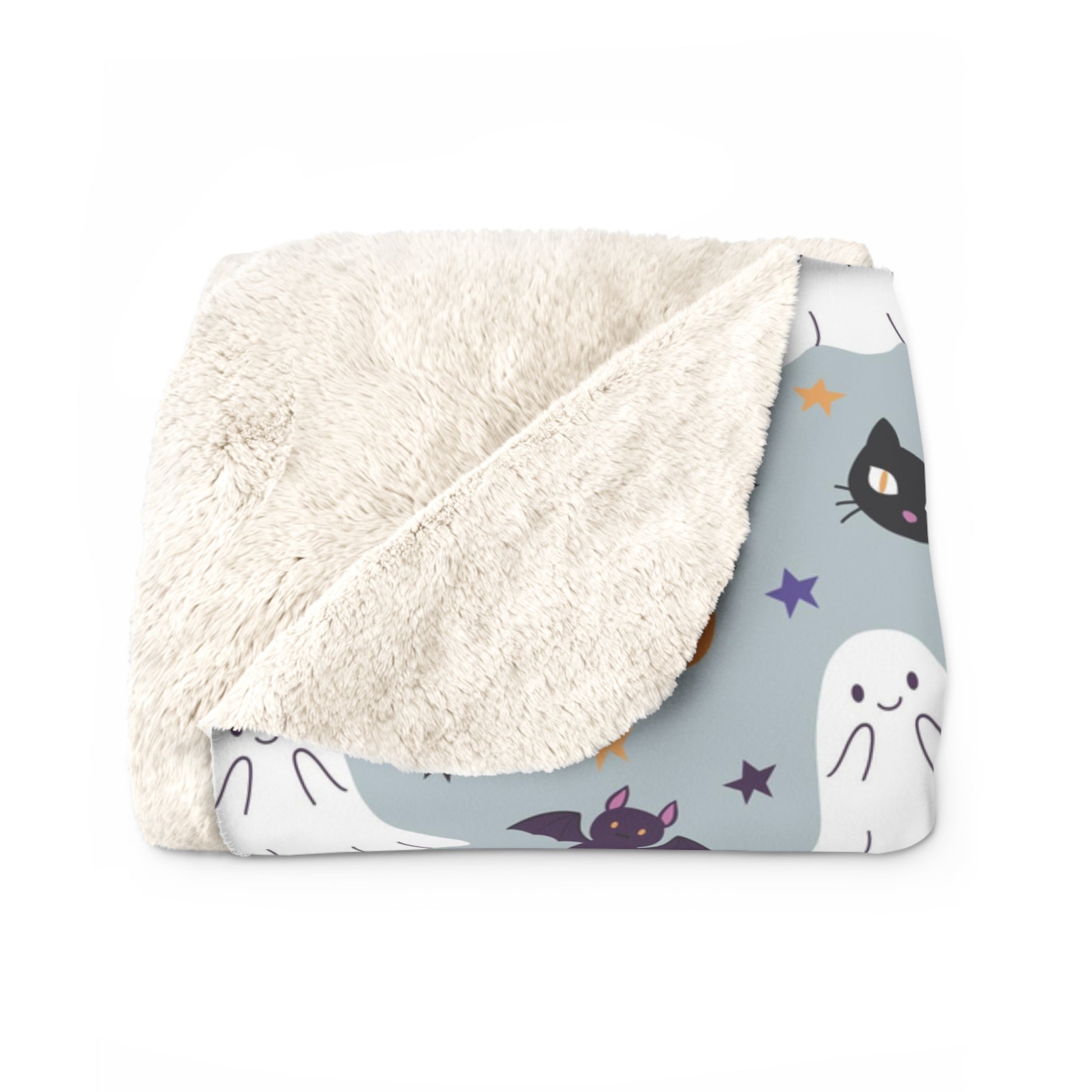 Halloween Sherpa Blanket, Ghoul Gang Ghost Black Cat Witch Hat Fleece Blanket Gray    - HolidayShoppingFinds