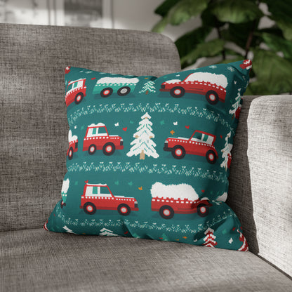 Winter Roadtrip Pillowcase, Snowy Car Teal Pillow Case Cover Vehicle-Themed Cushion Throw 16" × 16"   - HolidayShoppingFinds