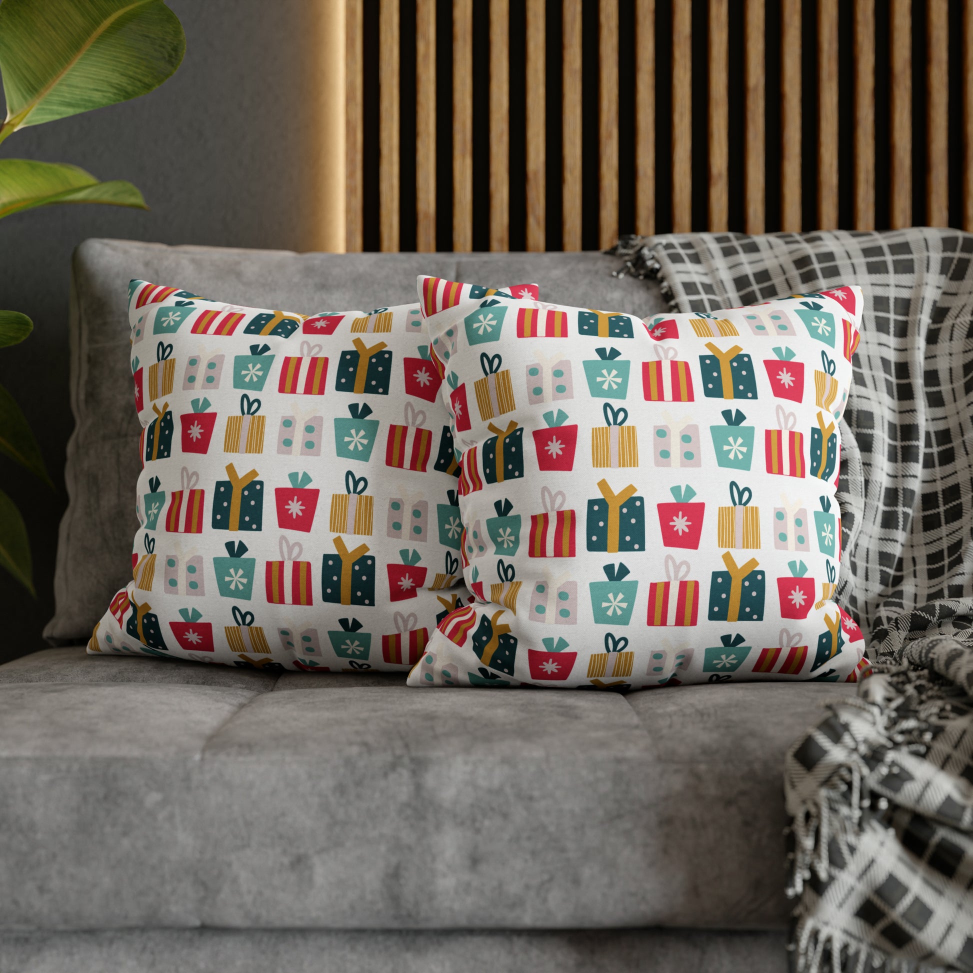 Gift Galore: Colorful Presents on White Square Pillow Case Throw    - HolidayShoppingFinds