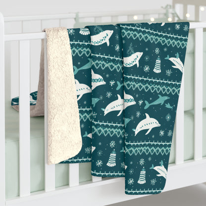 Dolphins Sherpa Blanket, Dolphin Throw Blanket, Ocean Nautical Coastal Holiday Blanket, Cozy Throw Blanket, Holiday Gift    - HolidayShoppingFinds