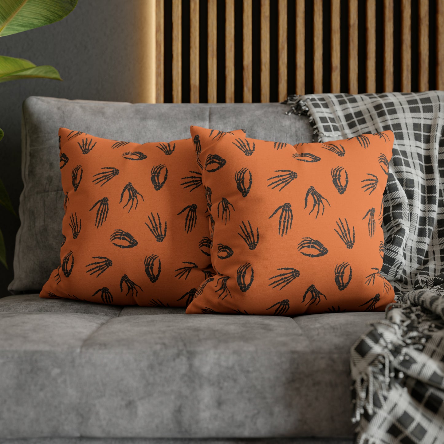 Skeleton Hands Pillowcase Halloween Orange Pillow Spooky Accent Pillow 16" × 16"   - HolidayShoppingFinds