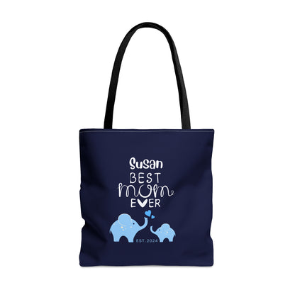 Personalized Best Mom Ever Tote Bag Gift for Mom, Baby Elephants Blue Tote Large   - HolidayShoppingFinds