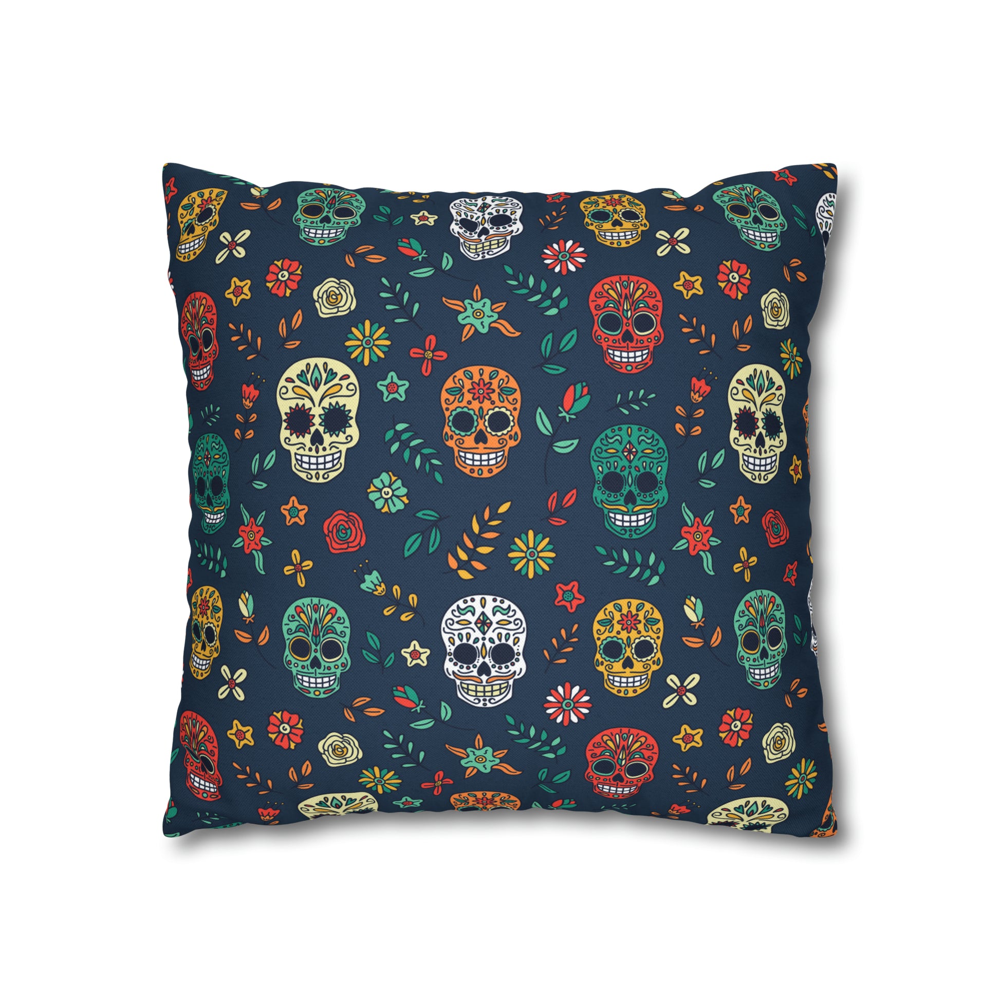 Sugar Skulls Pillowcase, Day of the Dead Pillow, Halloween Accent Blue Pillow Cover, Square Accent Pillow    - HolidayShoppingFinds