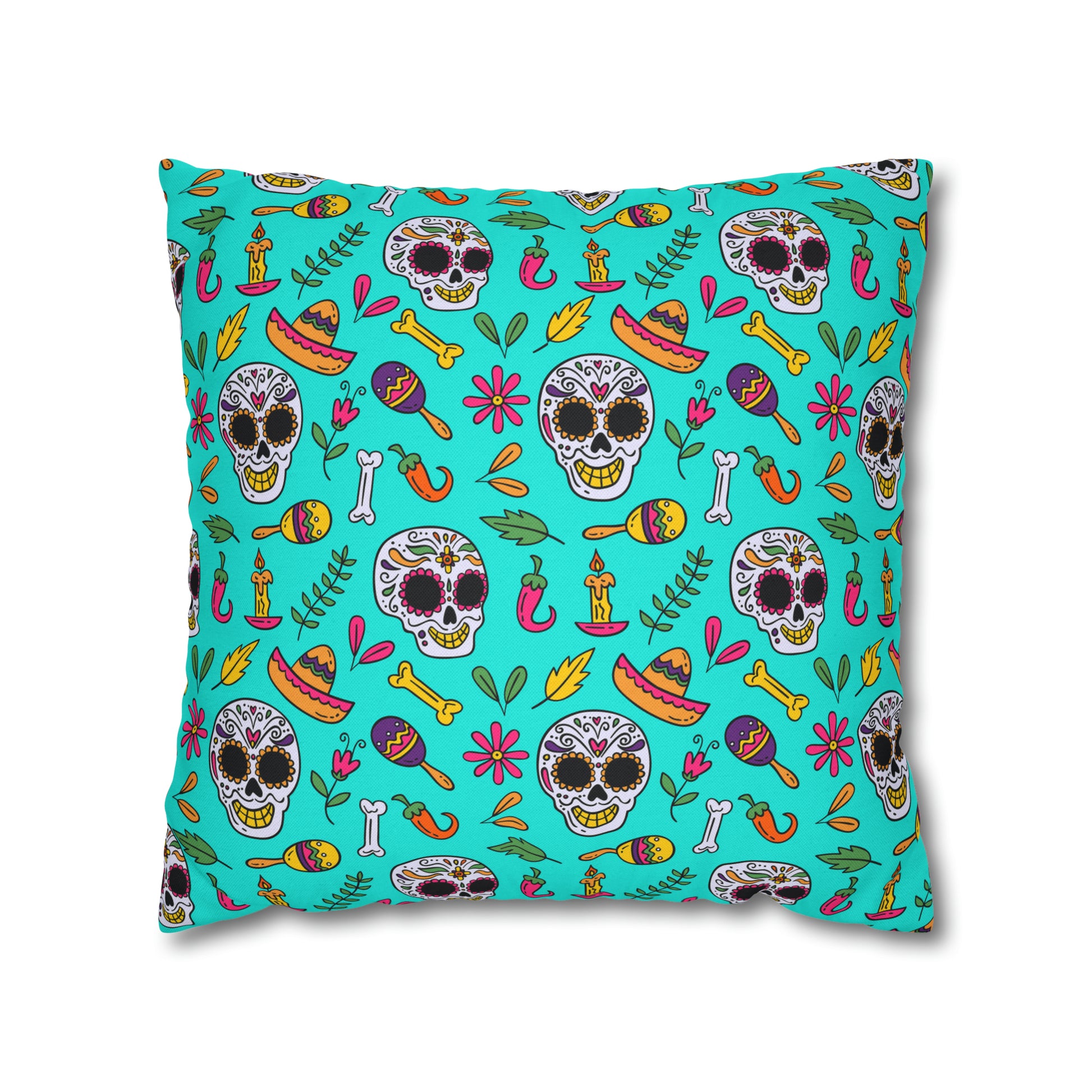 Sugar Skull Pillowcase, Day of the Dead Pillow Cover, Dia de Los Muertos Pillow, Halloween Pillow, Turquoise Decorative Square Pillow    - HolidayShoppingFinds