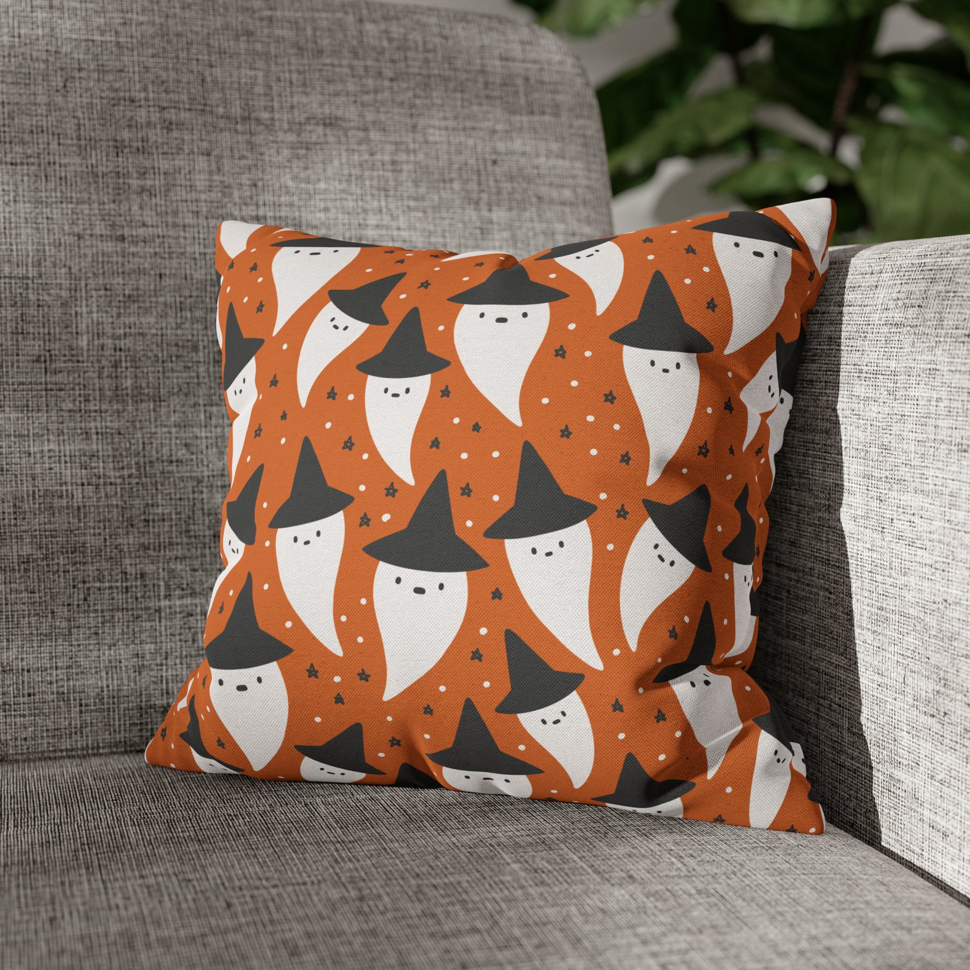 Whimsical Pillowcase, Spooky Ghosts Halloween Orange Pillow Cover 2-Sided Square Pillow Case Throw Cover 14" × 14"   - HolidayShoppingFinds