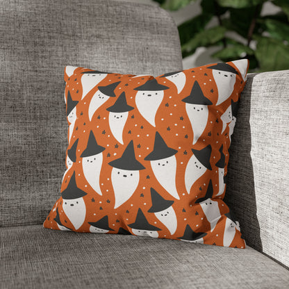 Whimsical Pillowcase, Spooky Ghosts Halloween Orange Pillow Cover 2-Sided Square Pillow Case Throw Cover 14" × 14"   - HolidayShoppingFinds