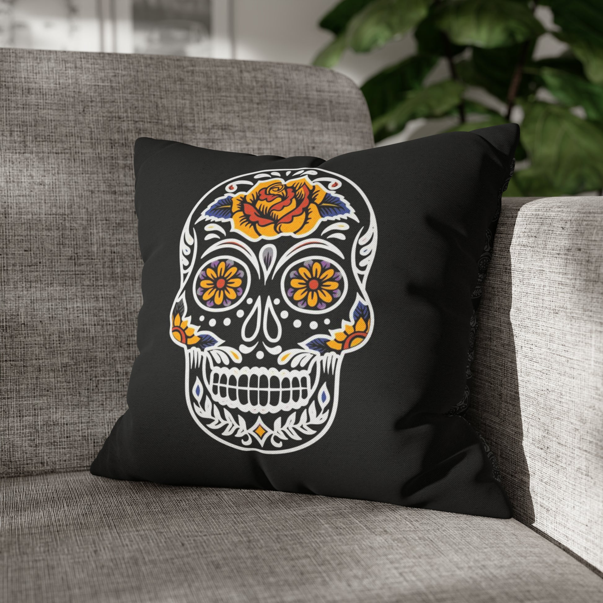 Sugar Skull Pillowcase, Day of the Dead Pillow, Dia De Los Muertos Pillow, Black Gothic Pillow, 2-Sided Square Pillow Cover    - HolidayShoppingFinds