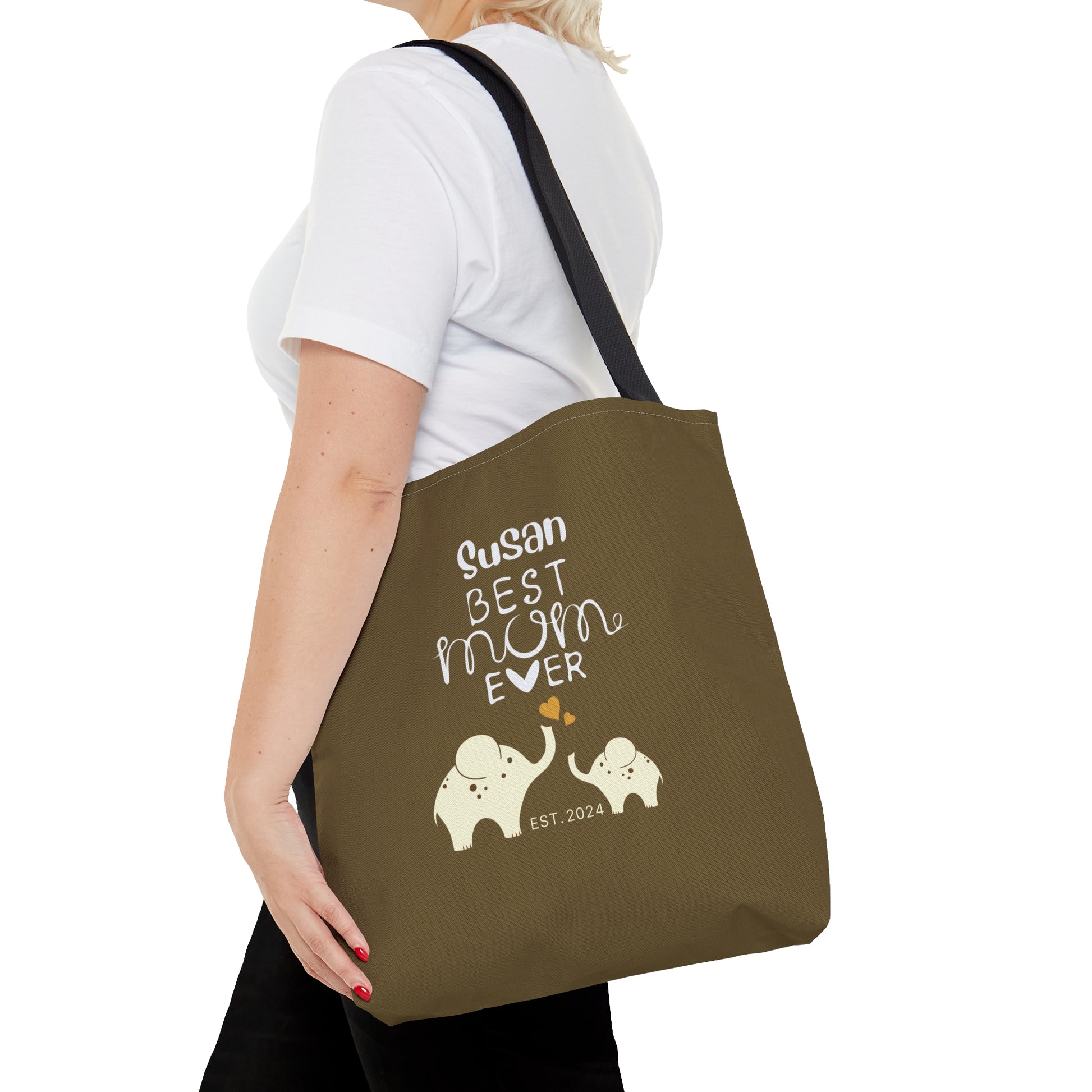 Personalized Best Mom Ever Tote Bag Gift for Mom, Baby Elephants Khaki Tote    - HolidayShoppingFinds