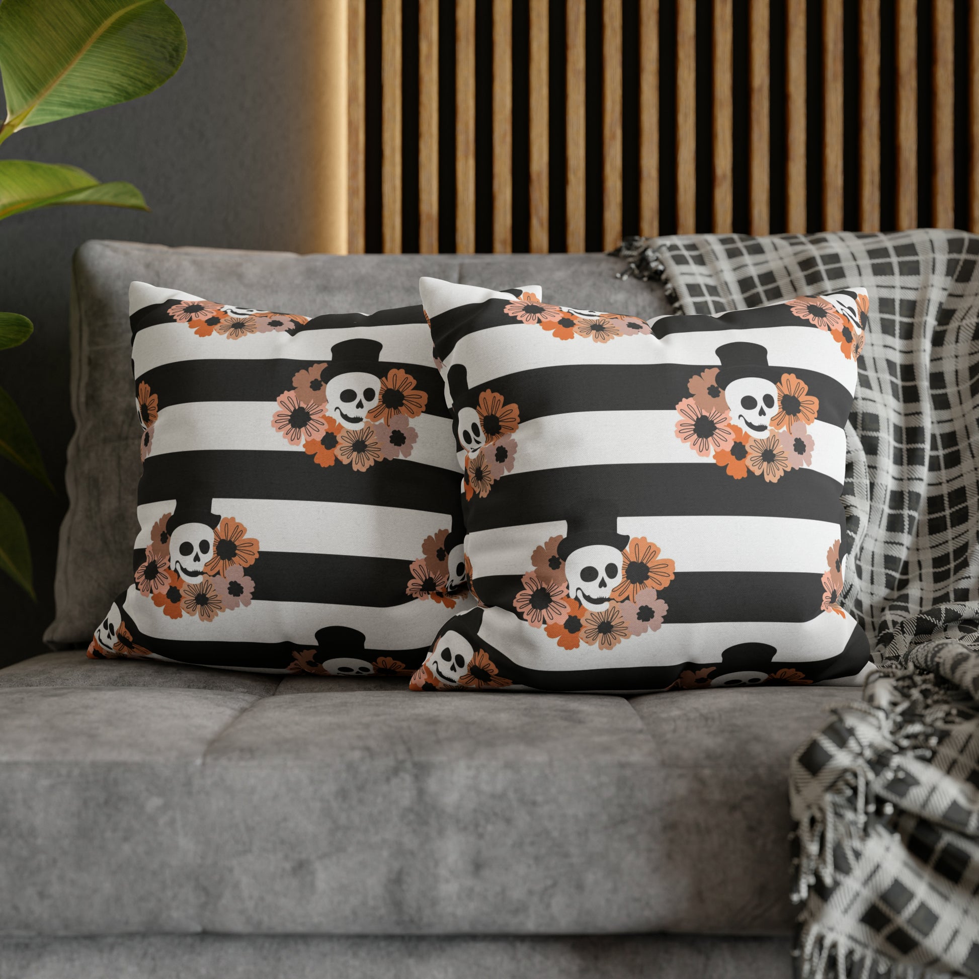 Halloween Phantom Pillowcase, Dia de los Muertos Skull Accent Pillow, 2-Sided Square B&W Decorative Pillow 18" × 18"   - HolidayShoppingFinds