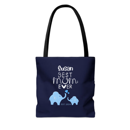 Personalized Best Mom Ever Tote Bag Gift for Mom, Baby Elephants Blue Tote    - HolidayShoppingFinds