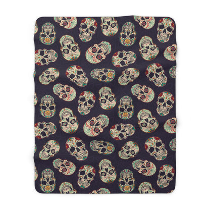 Gothic Sugar Skull Sherpa Fleece Blanket, Day of the Dead Purple Throw Blanket    - HolidayShoppingFinds