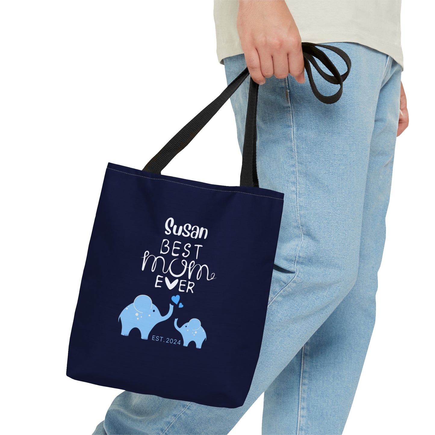 Personalized Best Mom Ever Tote Bag Gift for Mom, Baby Elephants Blue Tote    - HolidayShoppingFinds