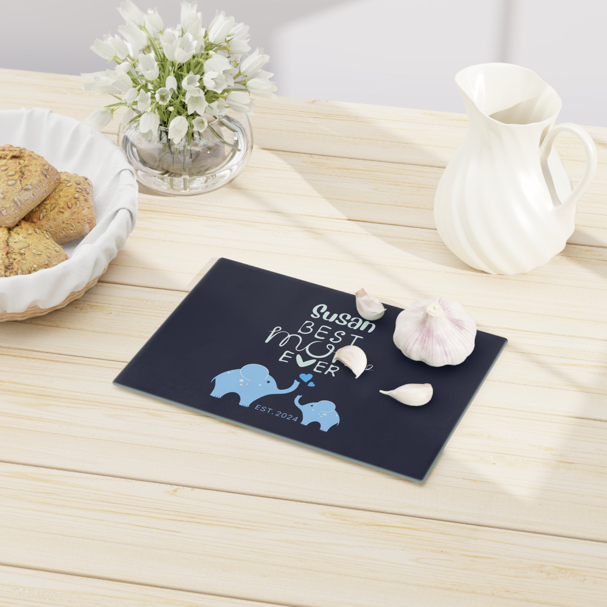 Personalized Best Mom Ever Glass Cutting Board, Gift for Mom, Elephants Cutting Board Blue    - HolidayShoppingFinds