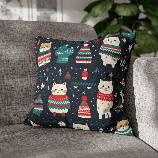 Cute Cat Pillowcase Holiday Christmas Cat Lovers Gift Blue Pillow Throw, Holiday Gift 18" × 18"   - HolidayShoppingFinds