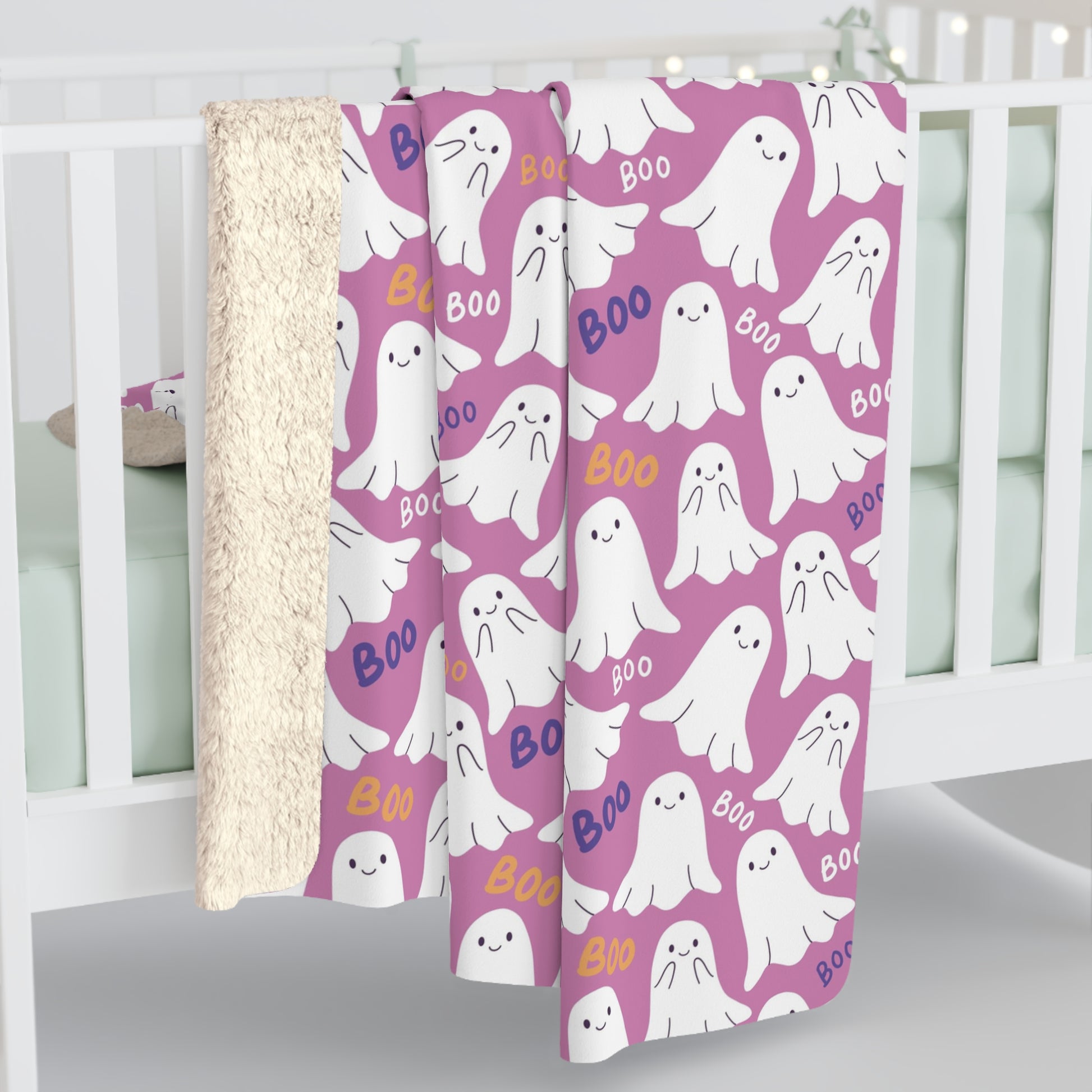 BOO Ghost Pink Sherpa Fleece Blanket, Halloween Ghost Throw Blanket    - HolidayShoppingFinds