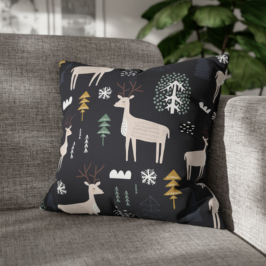 Winter Reindeer & Golden Trees Pillowcase, Holiday Cushion Throw, Seasonal Pillow Cover, Holiday Gift 18" × 18"   - HolidayShoppingFinds