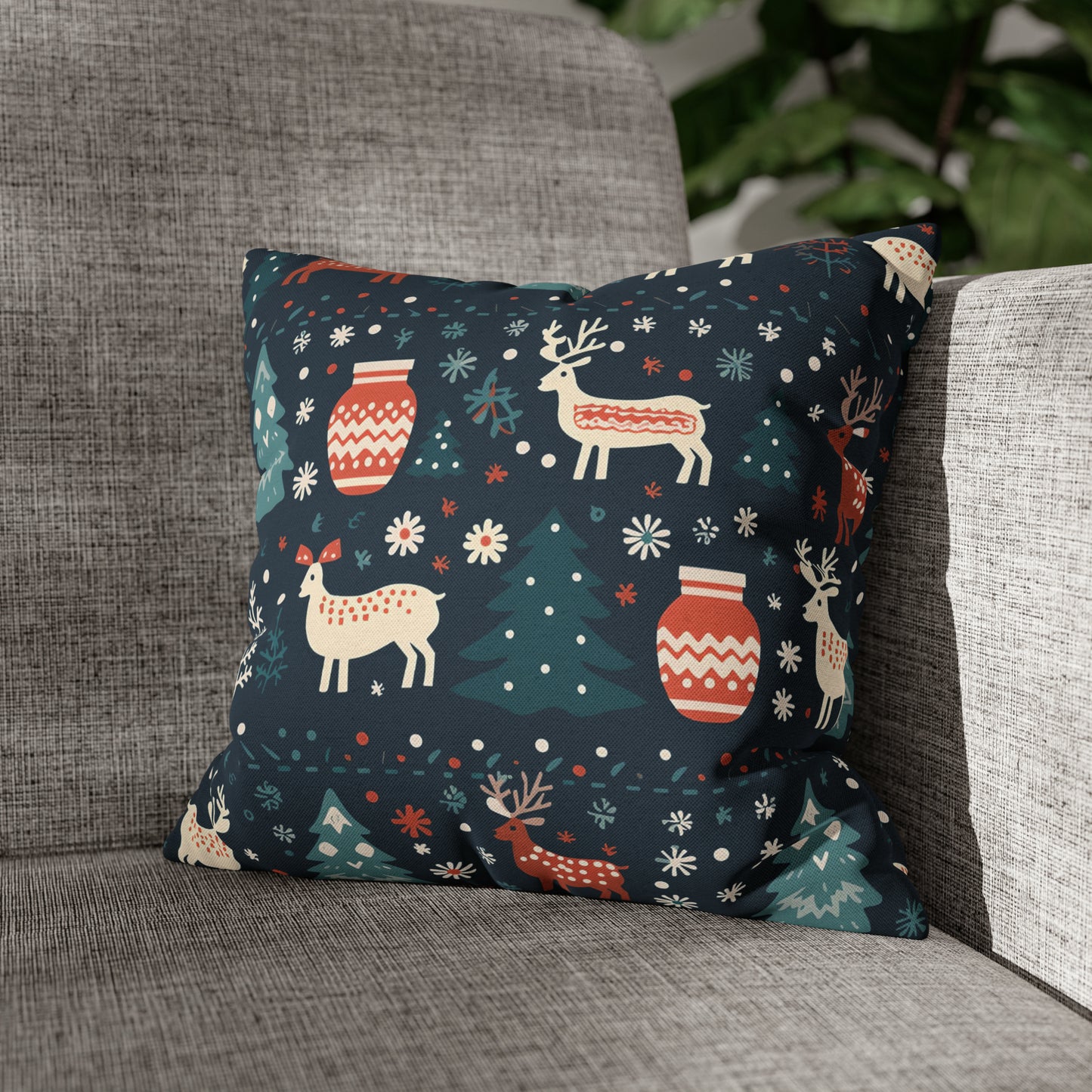 Holiday Pillowcase, Winter Accent Pillow Case with Reindeers, Christmas Trees, Snowflakes, Holiday Gift 14" × 14"   - HolidayShoppingFinds