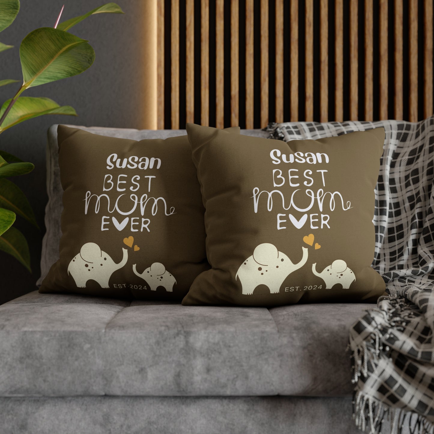 Personalized Best Mom Ever Gift Pillowcase, Gift for Mom, Elephants Khaki Pillow Cover    - HolidayShoppingFinds