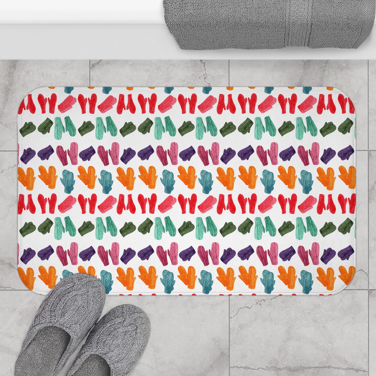 Vintage Mittens Bath Mat, Winter Bath Mat, Holiday White Bath Rug 34" × 21"   - HolidayShoppingFinds