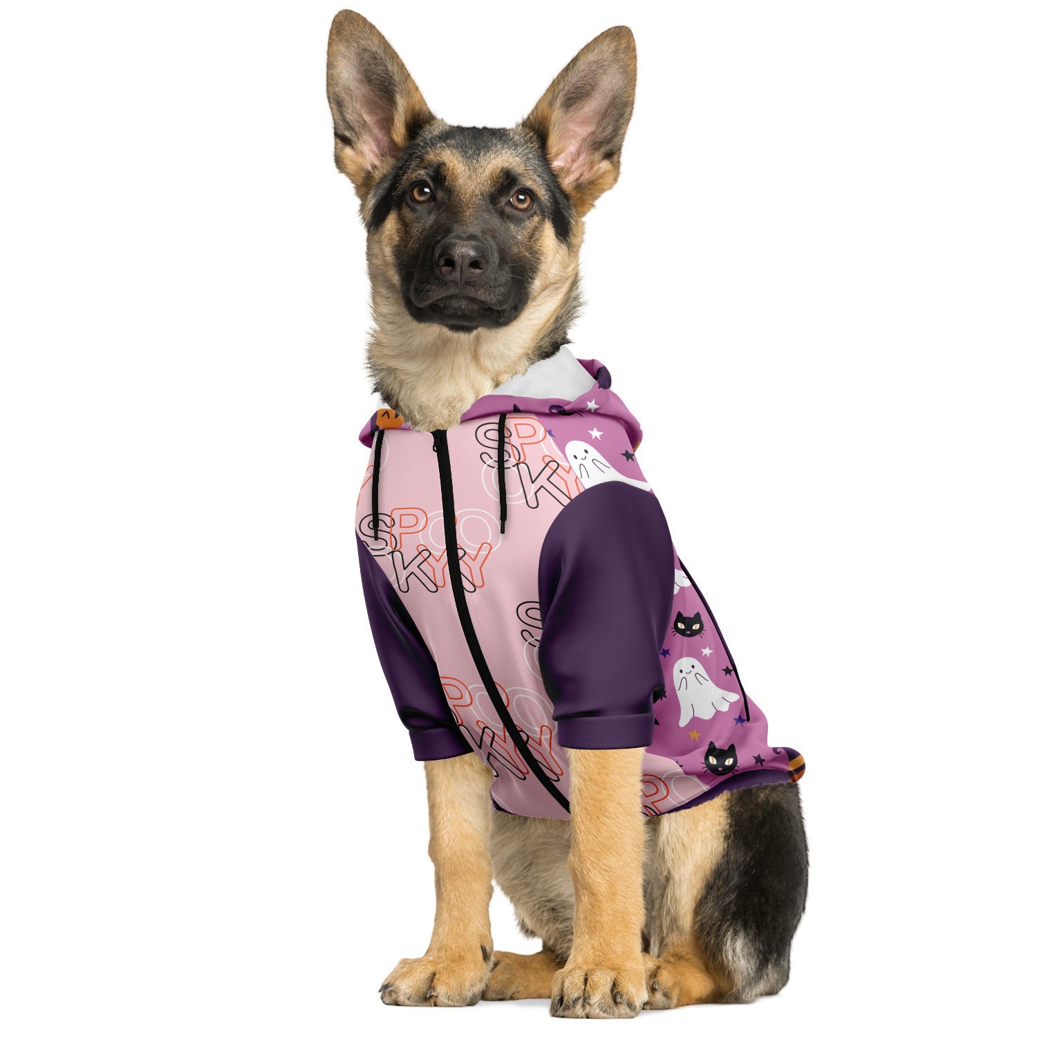 Cute Halloween Pink Dog Hoodie, Spooky Ghosts, Black Cats, Pumpkins & Bats    - HolidayShoppingFinds