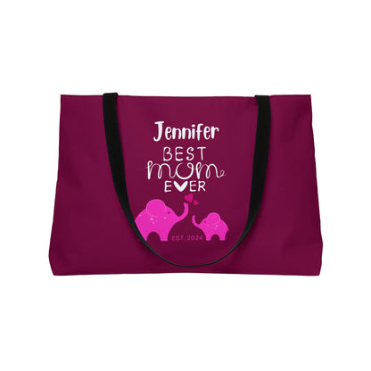 Personalized Best Mom Ever Weekender Bag for Mom, Pink Baby Elephants Tote Bag    - HolidayShoppingFinds