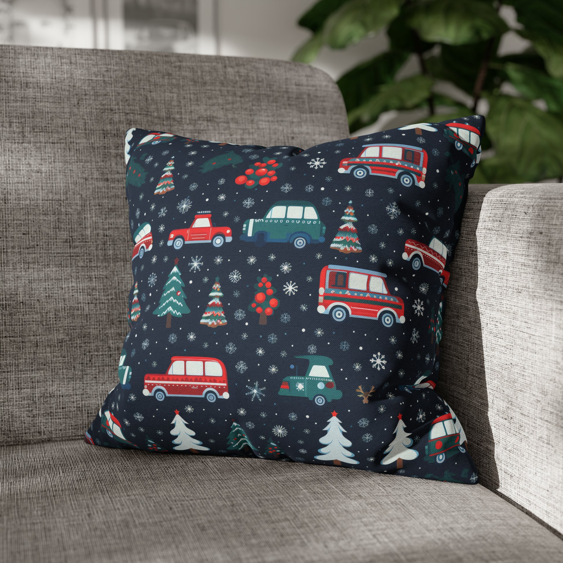 Vanlife Pillow, Camping Holiday Spirit Pillow Case, Cars, Vans & Christmas Trees Décor Blue Pillow Cover, Holiday Gift 16" × 16"   - HolidayShoppingFinds