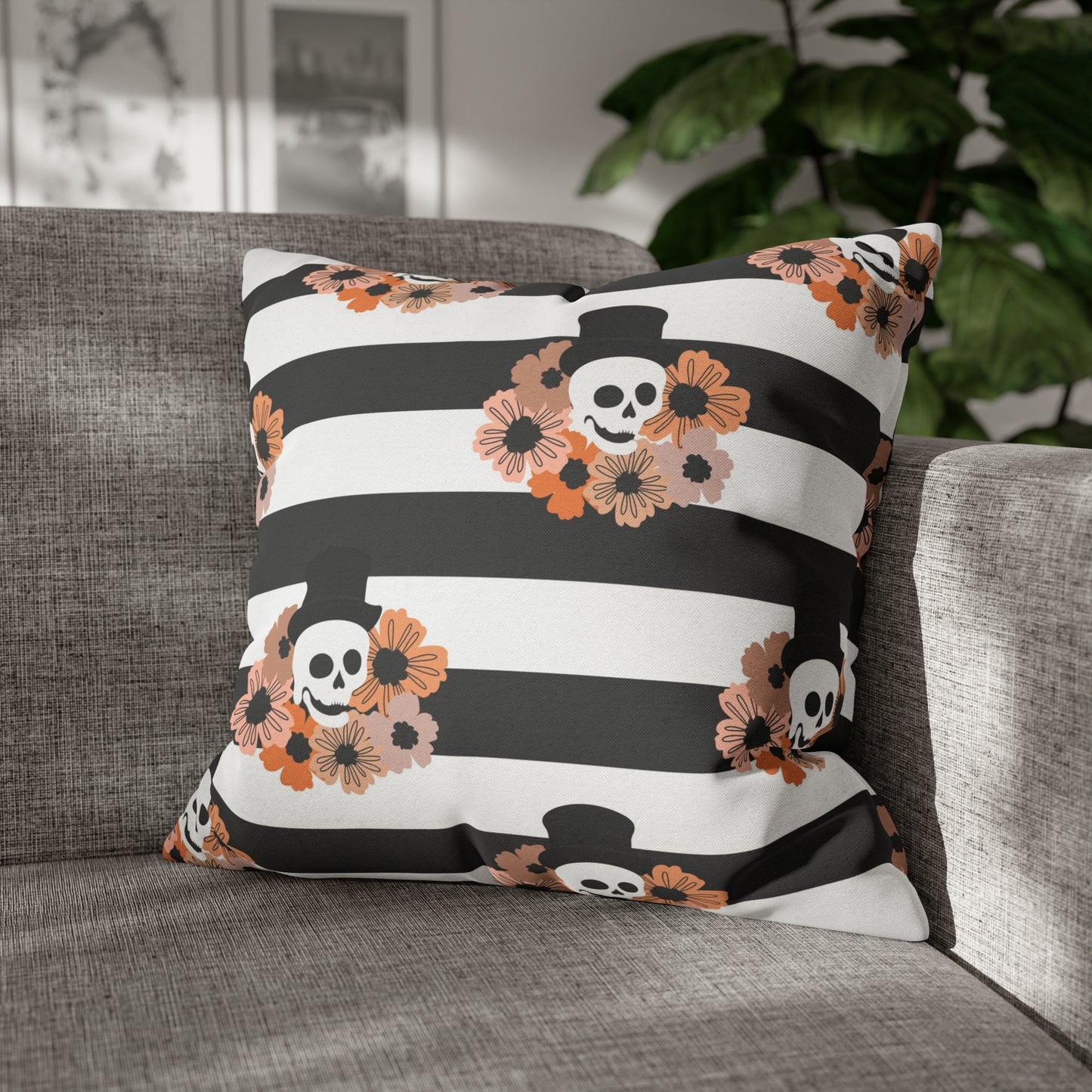 Halloween Phantom Pillowcase, Dia de los Muertos Skull Accent Pillow, 2-Sided Square B&W Decorative Pillow    - HolidayShoppingFinds