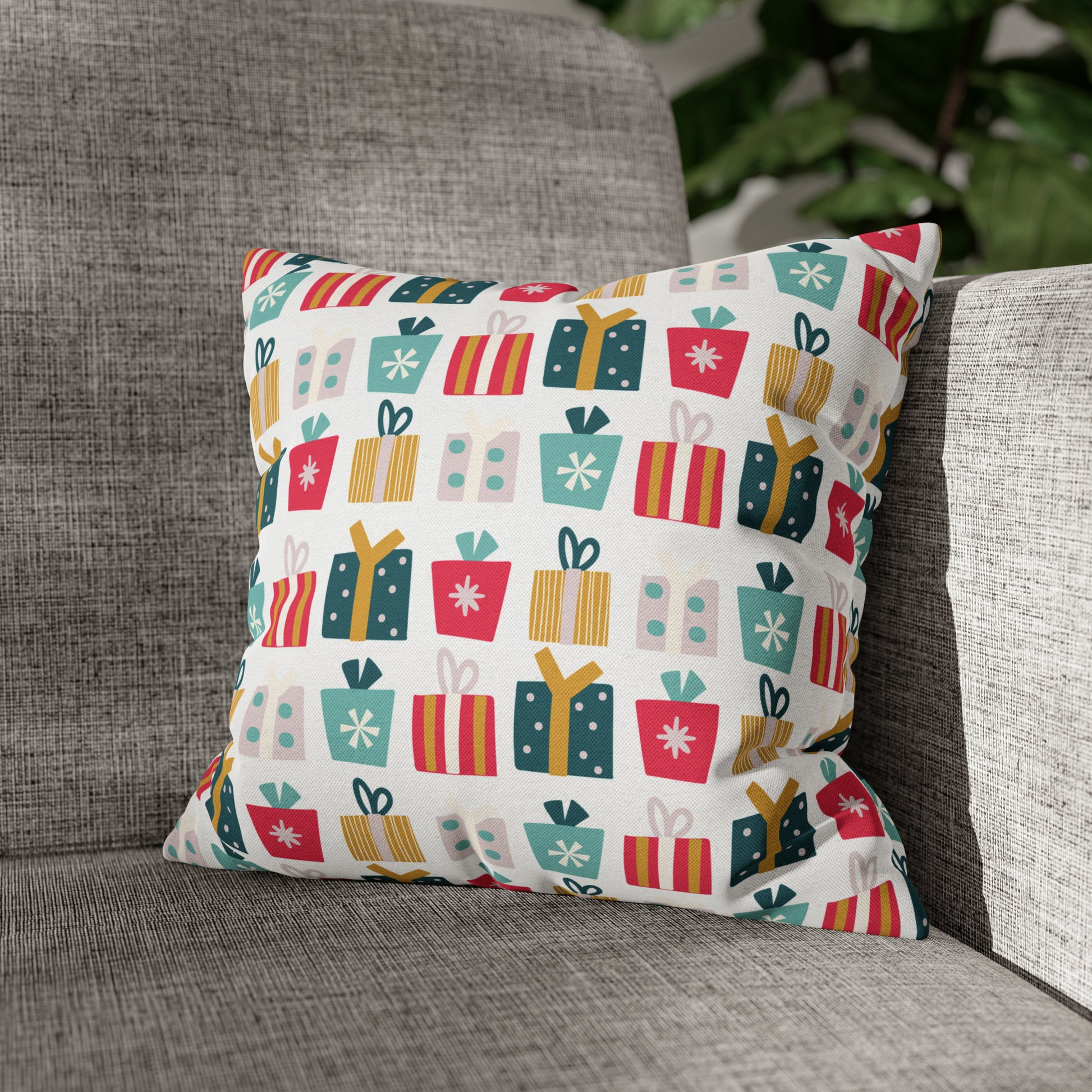 Gift Galore: Colorful Presents on White Square Pillow Case Throw 14" × 14"   - HolidayShoppingFinds